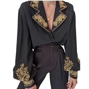 Vintage DVF 100% Silk Black With Gold Floral Embroidery Blouse Shirt Boho NWT M